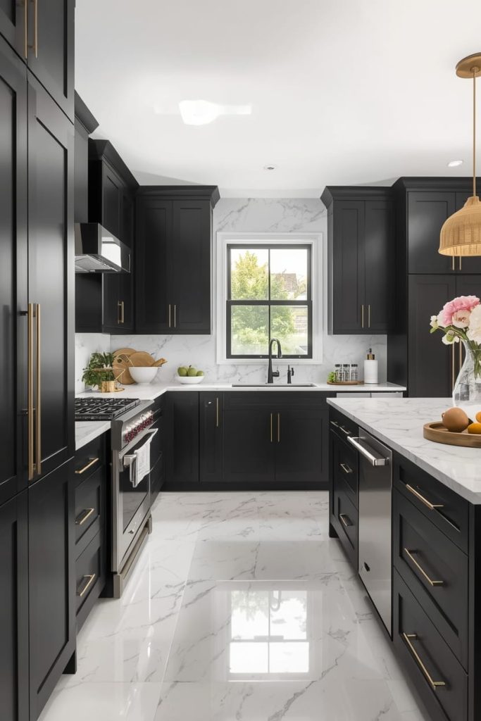 Black Kitchen Cabinets with Marble Countertops