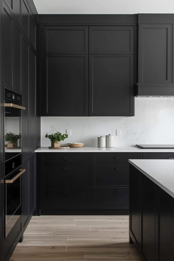 Black Kitchen Cabinets with White Countertops for Timeless Contrast
