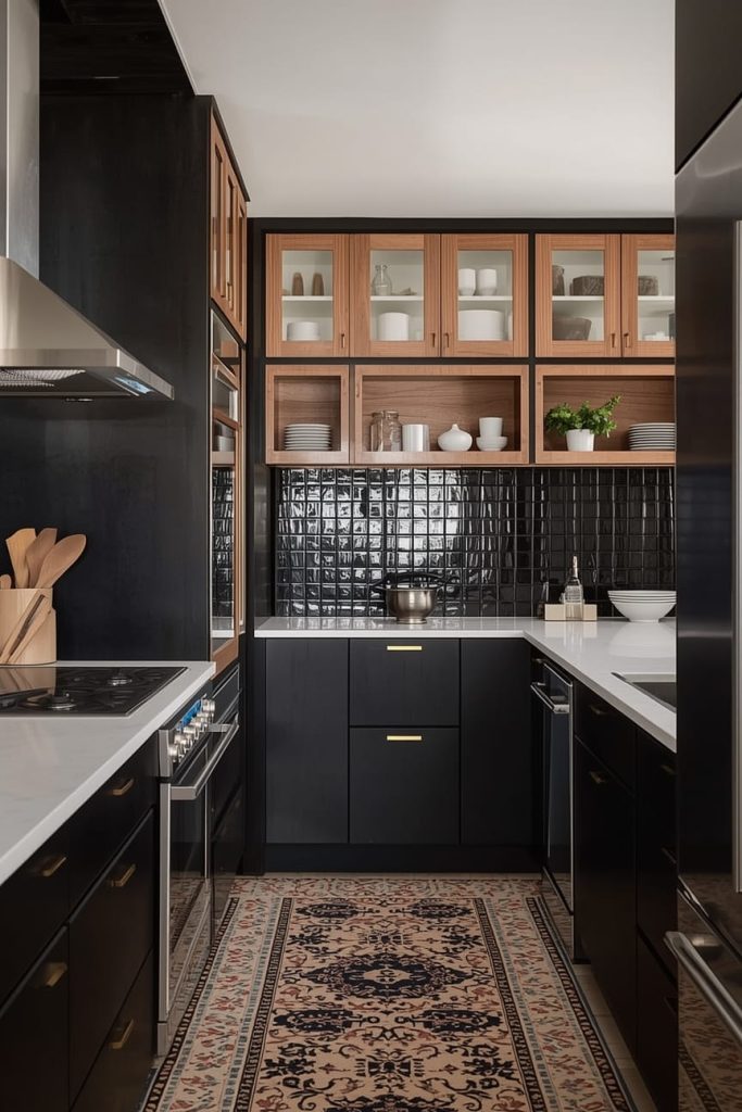 Black Lower Cabinets with Wood Upper Cabinets