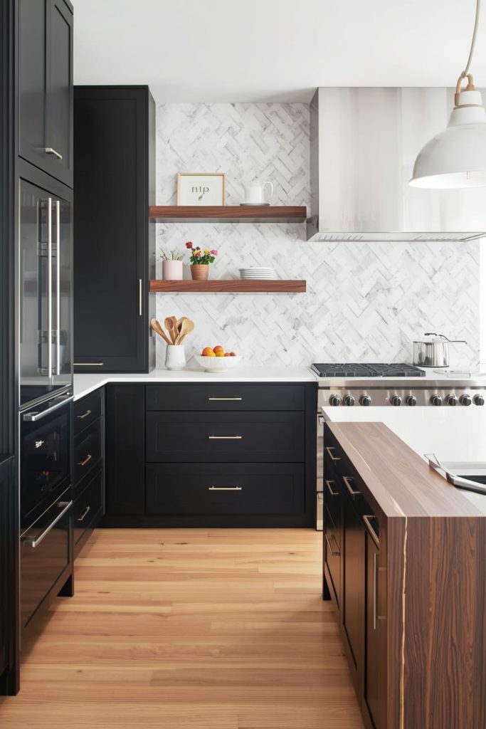 Black Shaker Kitchen Cabinets with Wood Accents
