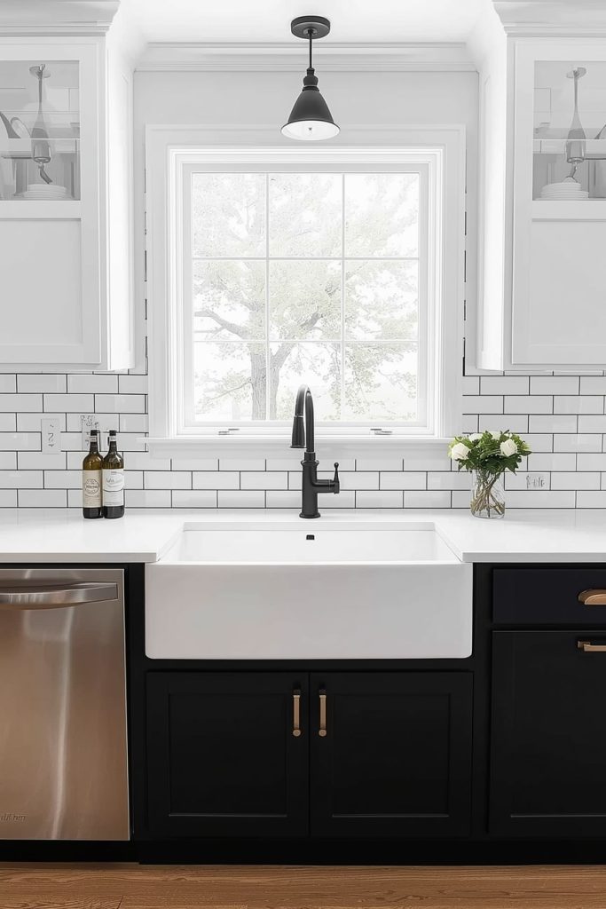 Black and White Farmhouse Kitchen With Apron Front Sink