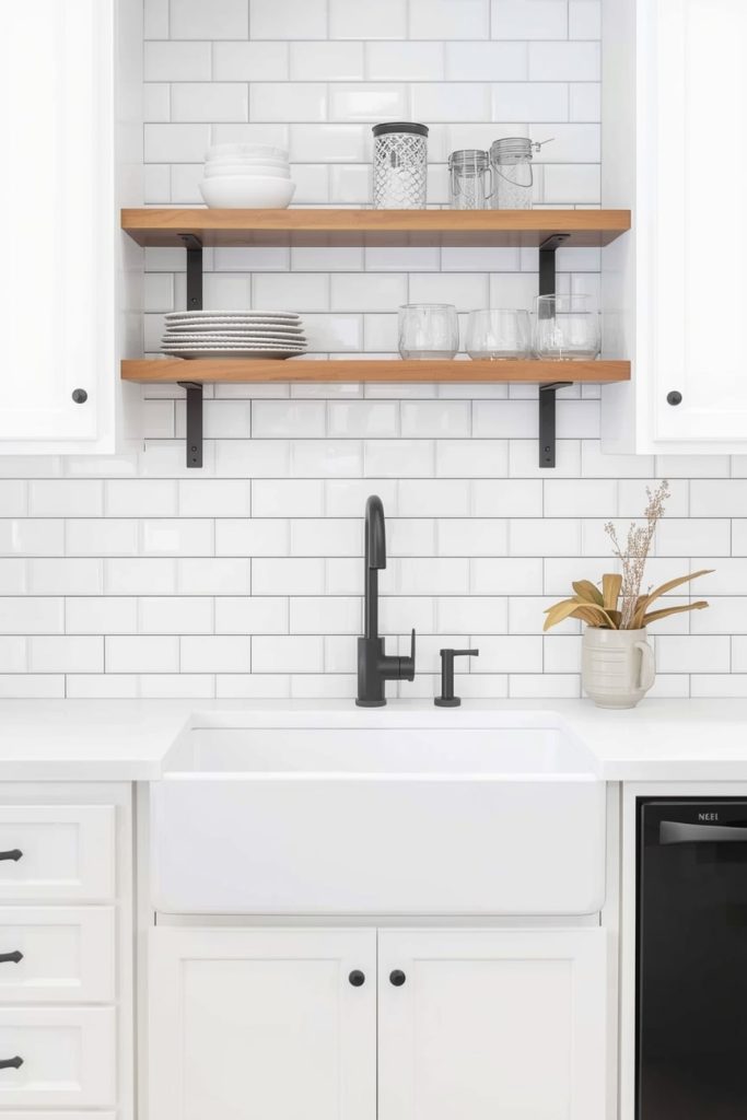 Black and White Farmhouse Kitchen With Subway Tile Backsplash