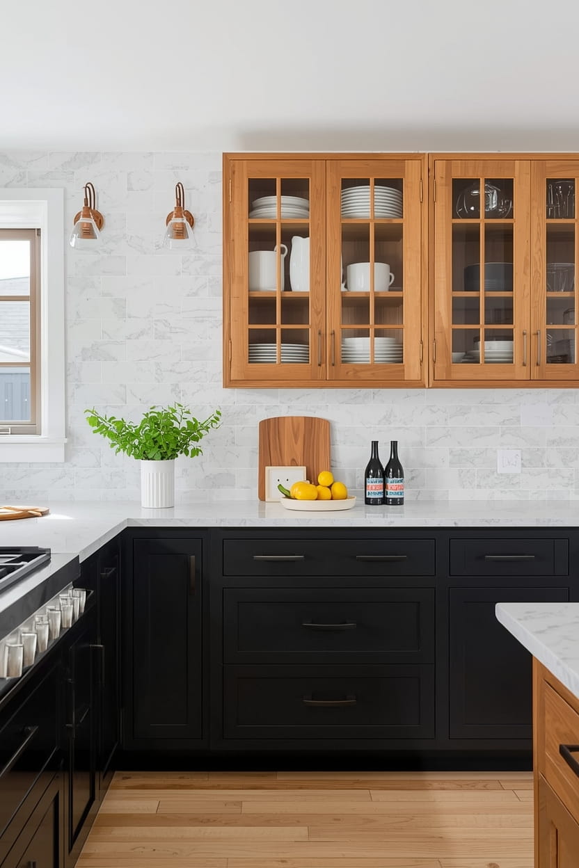 Black Lower Cabinets with Wood Upper Cabinets