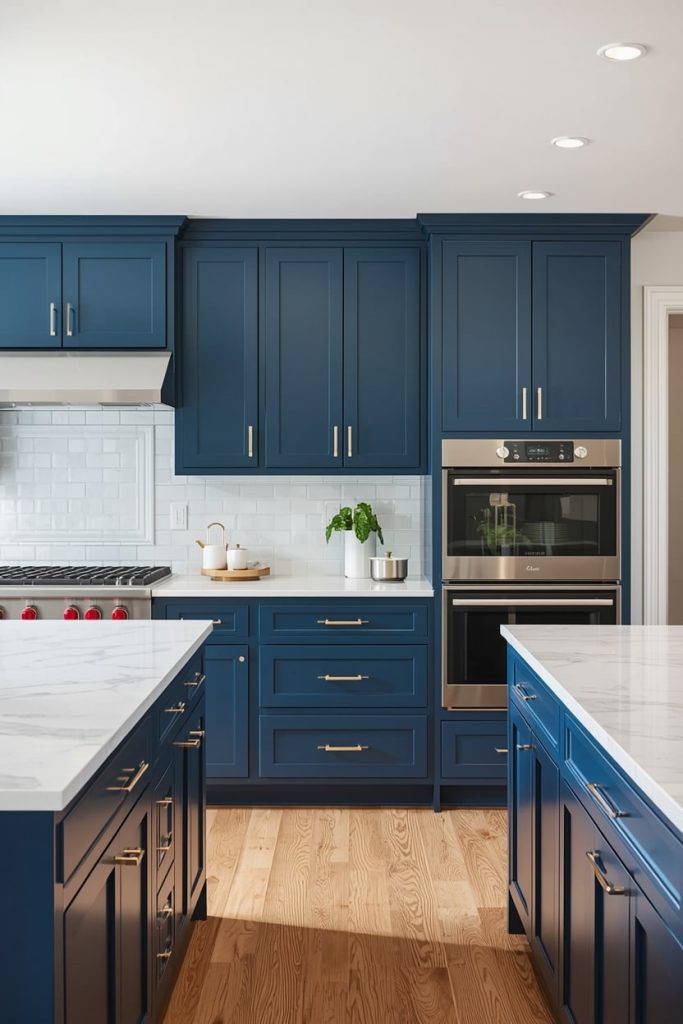 Blue Kitchen Cabinets with White Countertops