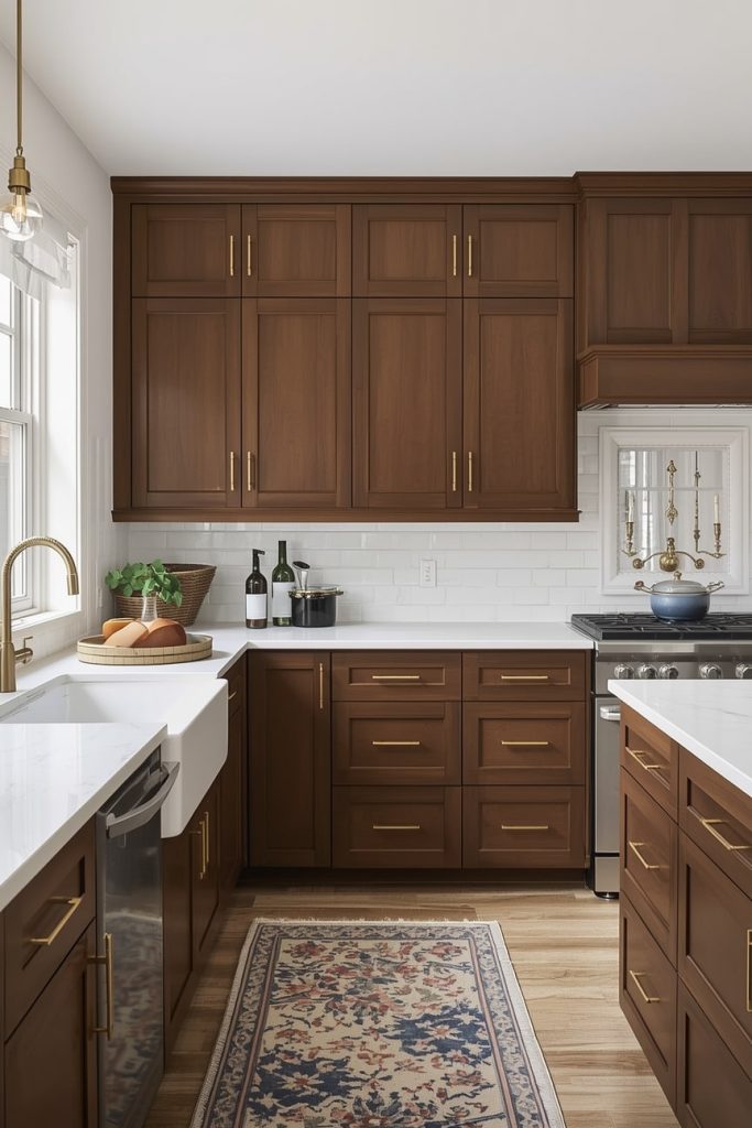 Brown Kitchen Cabinets with White Countertops