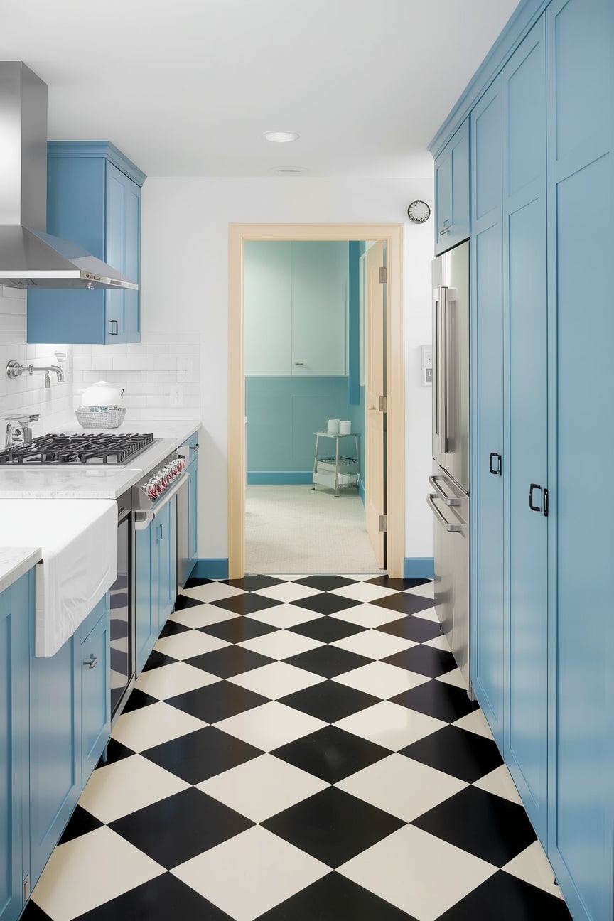 Checkerboard Floor Blue Kitchen Style-min