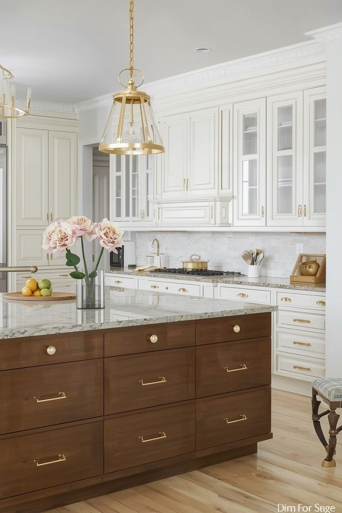 Classic Brown and White Kitchen with Warm Wood Cabinets