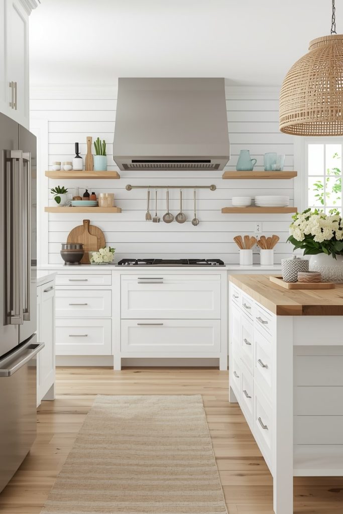 Coastal White Kitchen with Shiplap Walls