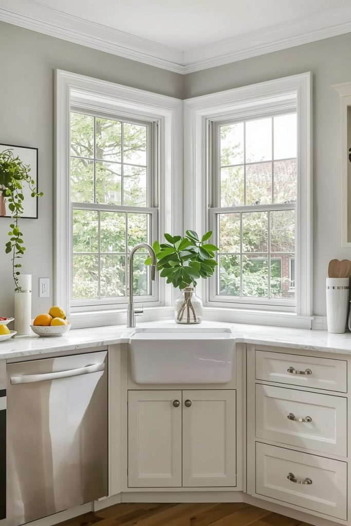 Corner Kitchen Window with Curtains for Soft Styling