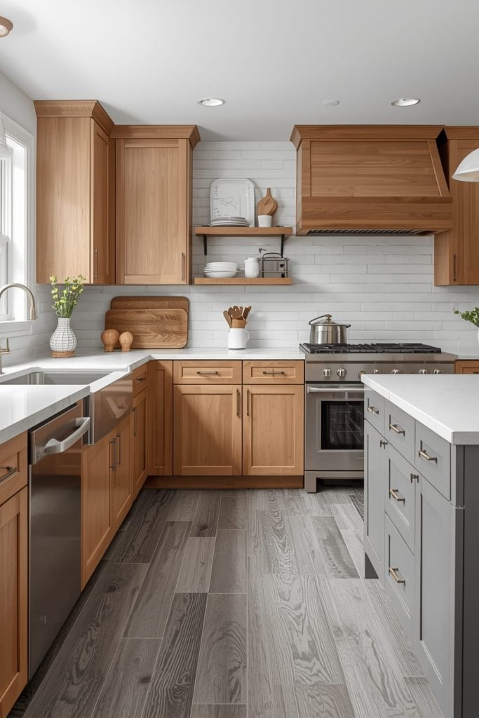 Dark Flooring with Oak Cabinets for Bold Contrast