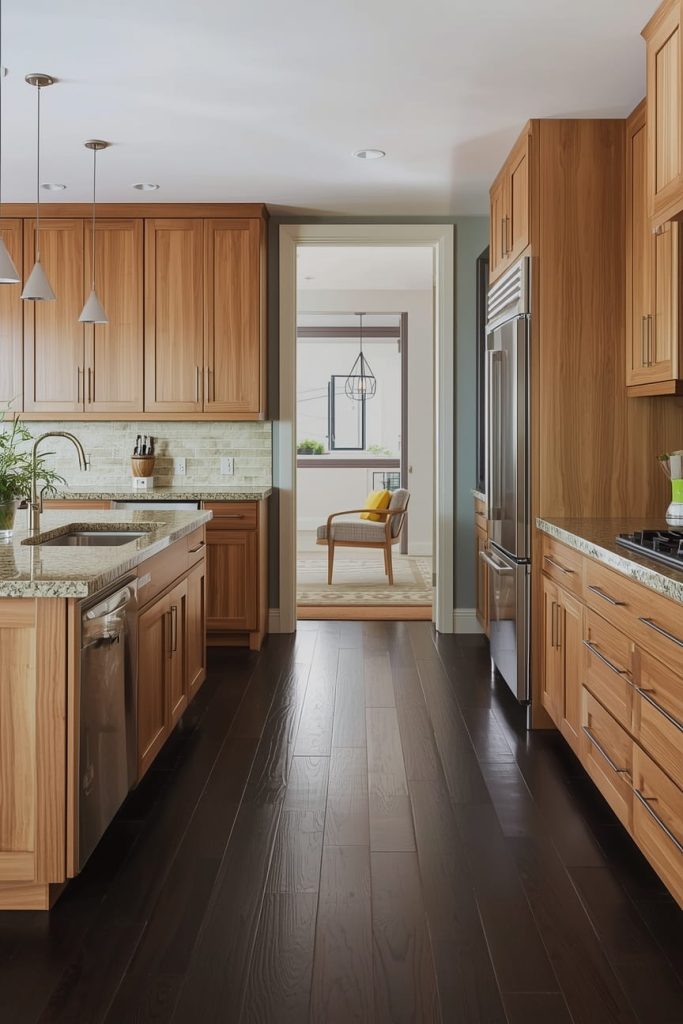 Dark Flooring with Wood Cabinets for Bold Contrast