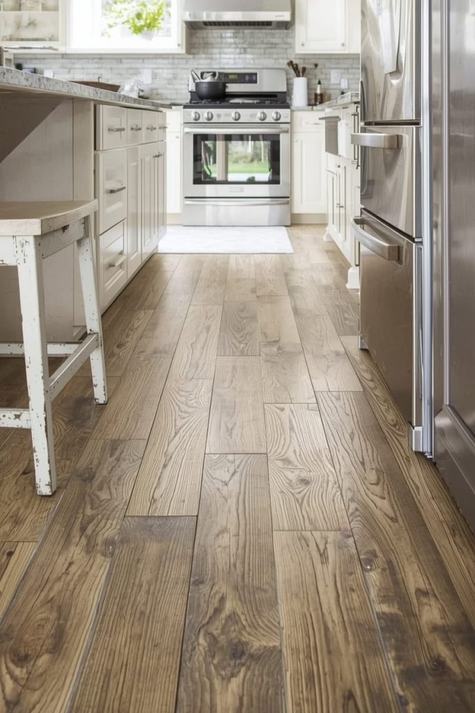 Distressed Wood Flooring for a Lived-In Rustic Kitchen