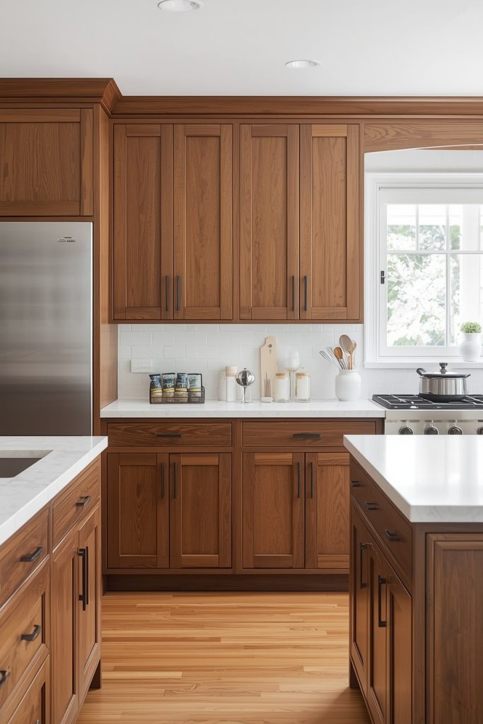 Elegant Brown and White Kitchen with Brass Details