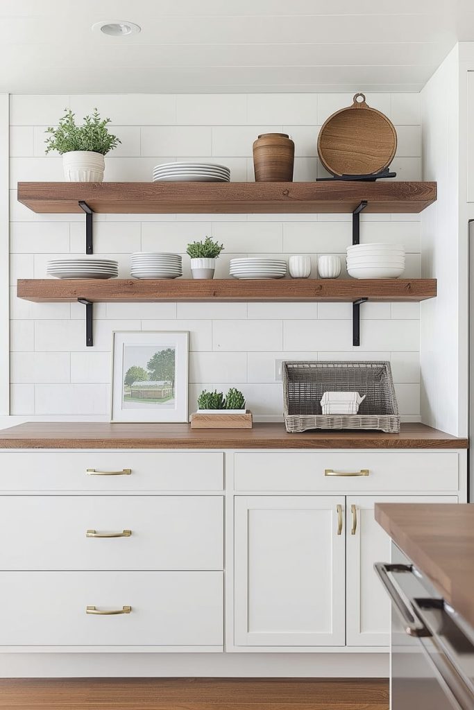 Farmhouse Cabinets with Open Shelving for a Casual Feel