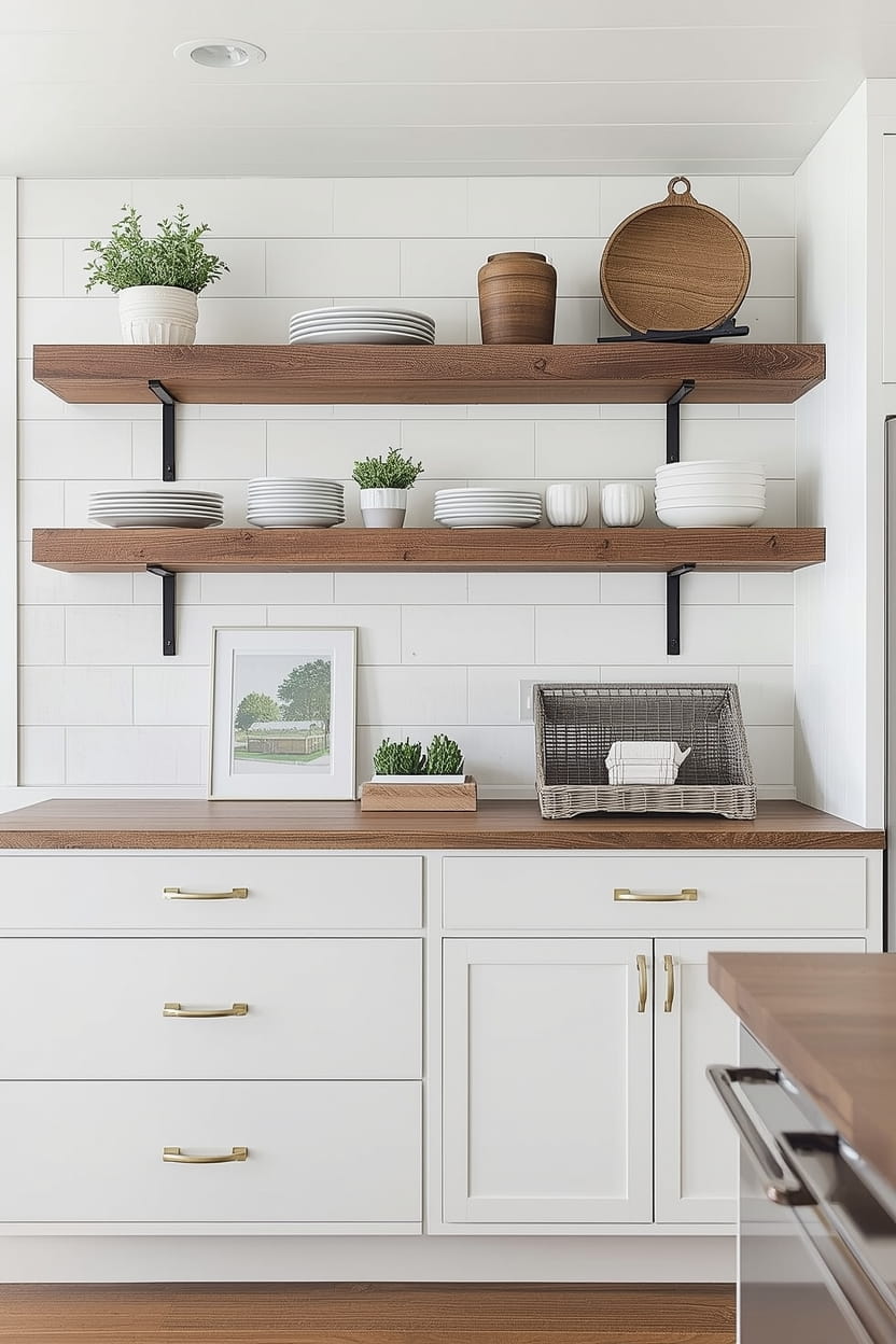 Farmhouse Cabinets with Open Shelving for a Casual Feel