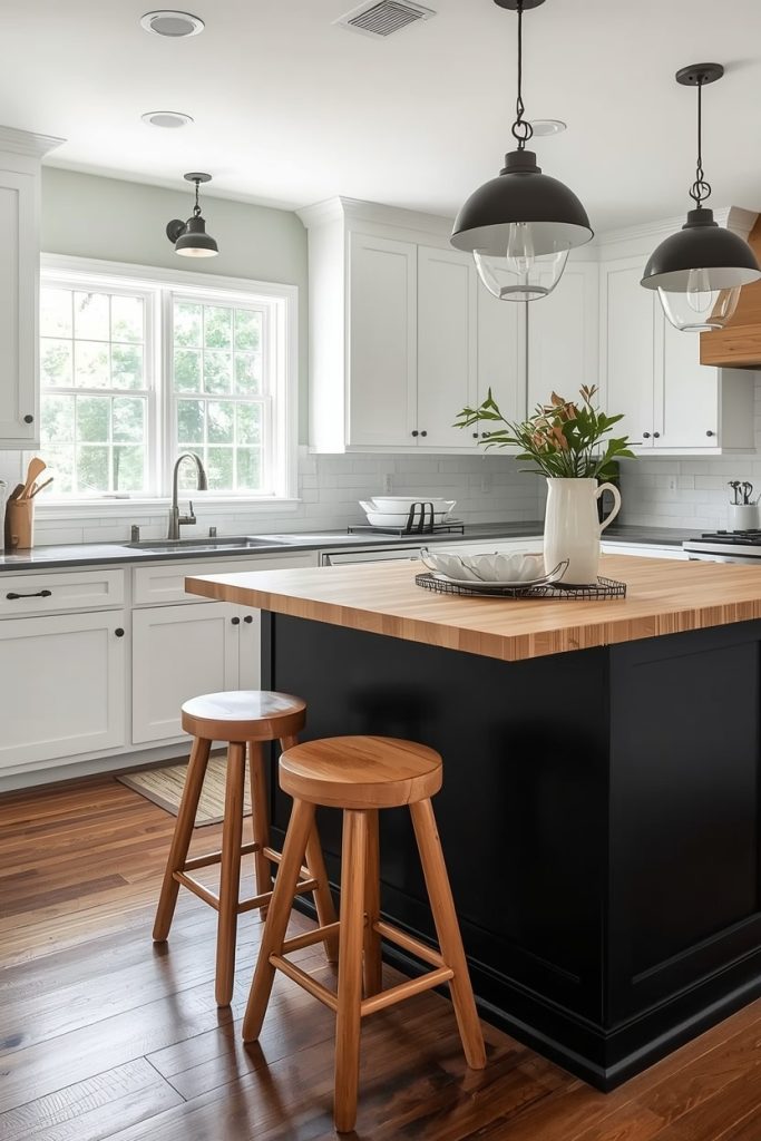 Farmhouse Kitchen Color Scheme Black and White With Island