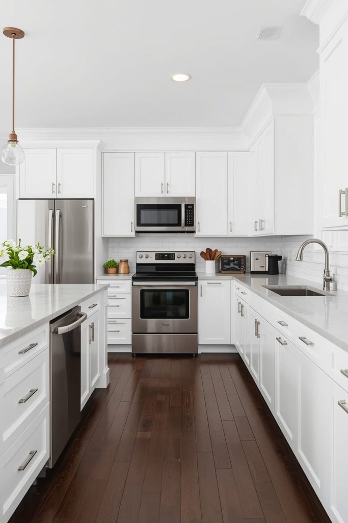 Farmhouse White Kitchen with Dark Floors and Warm Details