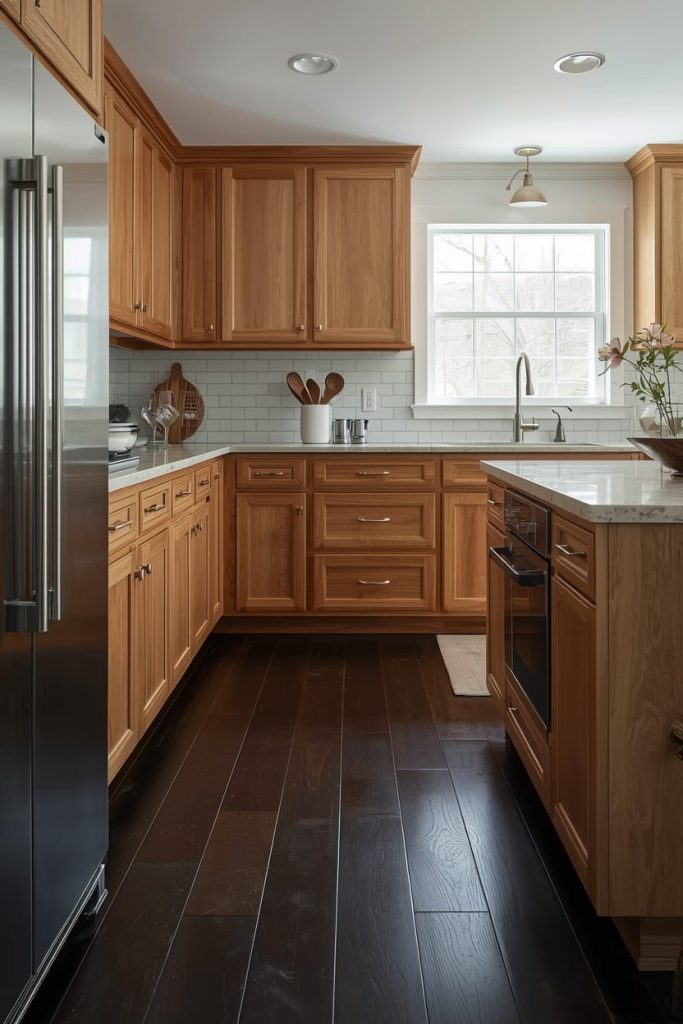 Gray Kitchen Flooring with Oak Cabinets for a Modern Update