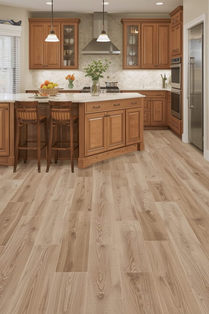 Gray Kitchen Flooring with Wood Cabinets for a Modern Balance