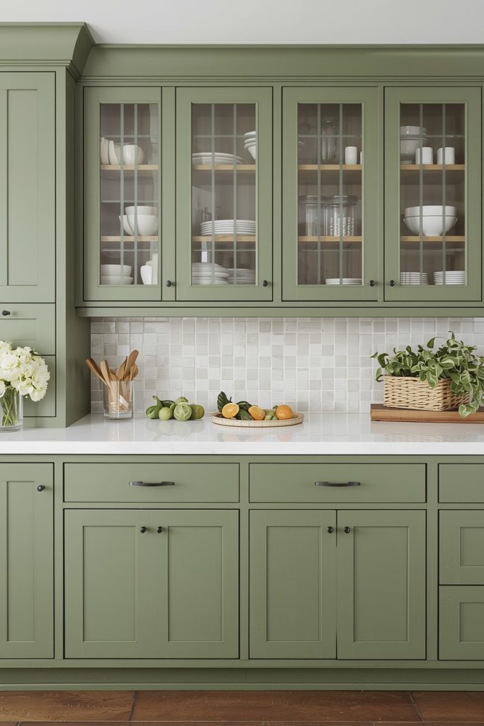 Green Cabinets with White Countertops