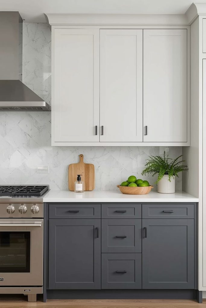 Grey Kitchen Cabinets with Wood Accents