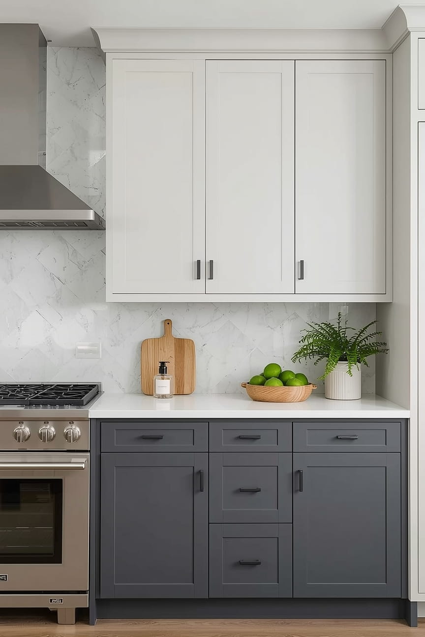 Grey Kitchen Cabinets with Wood Accents