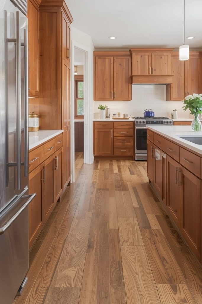 Laminate Flooring with Wood Cabinets for Budget-Friendly Style