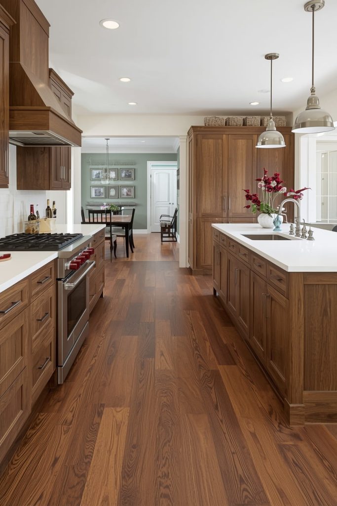 Light Wood Flooring with Wood Cabinets for a Seamless Look