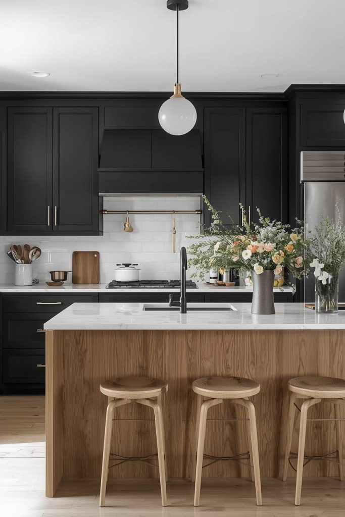 Luxury Black and Wood Kitchen Cabinets with Statement Lighting