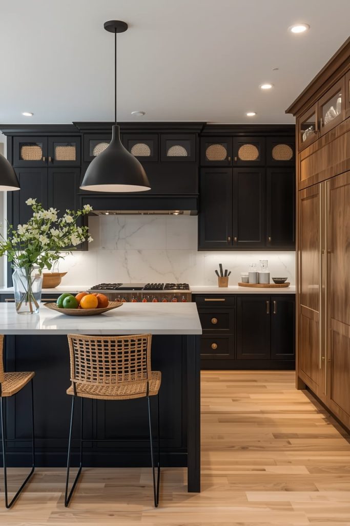 Matte Black Cabinets with Natural Wood Island
