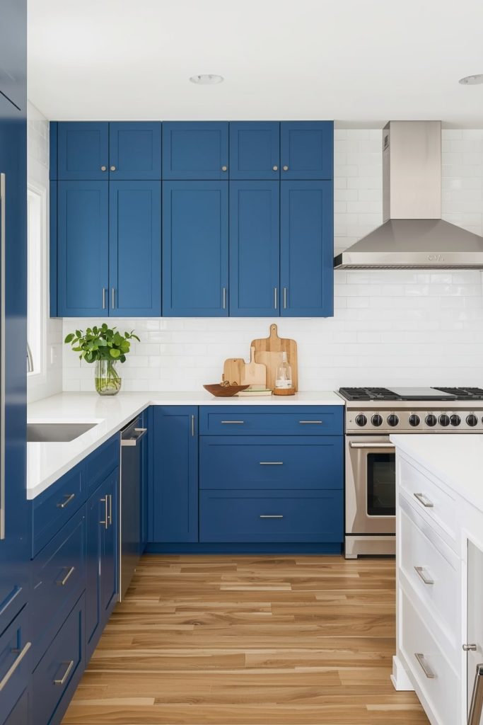 Modern Blue and White Kitchen With Clean Lines
