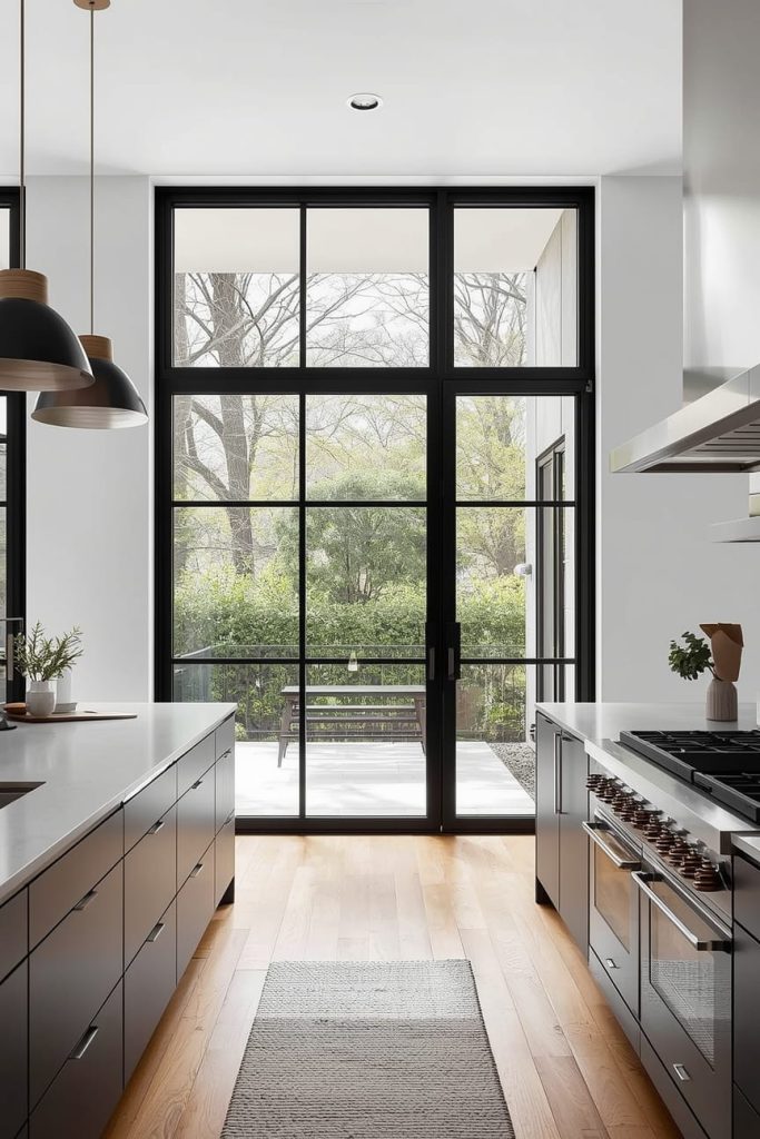 Modern Large Kitchen Window Design with Black Frames