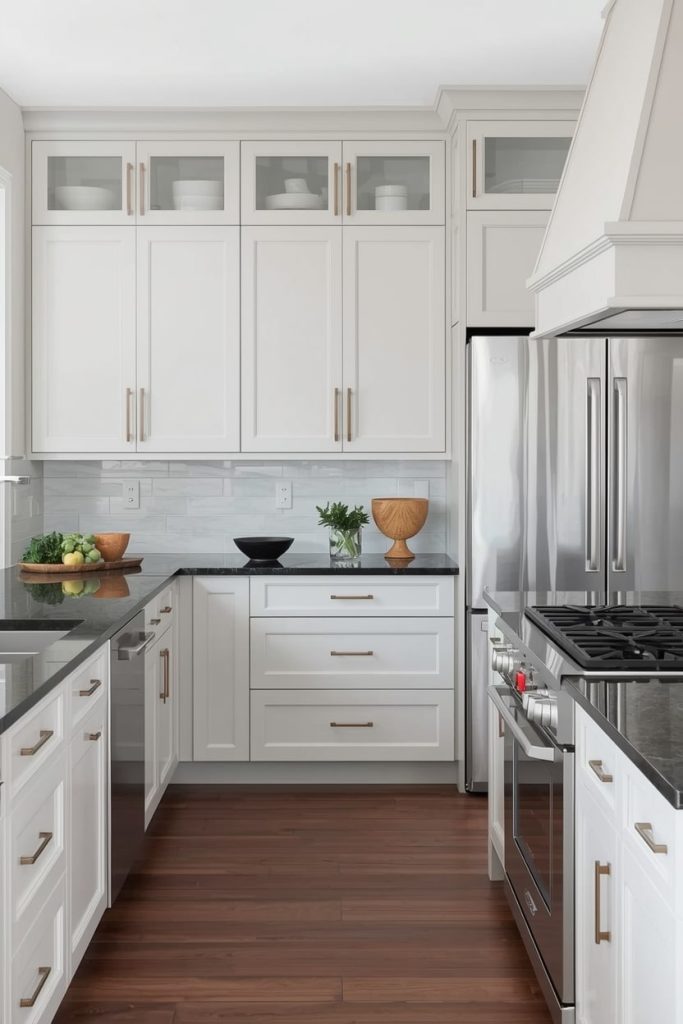 Navy Blue Kitchen Cabinets with Dark Granite Countertops
