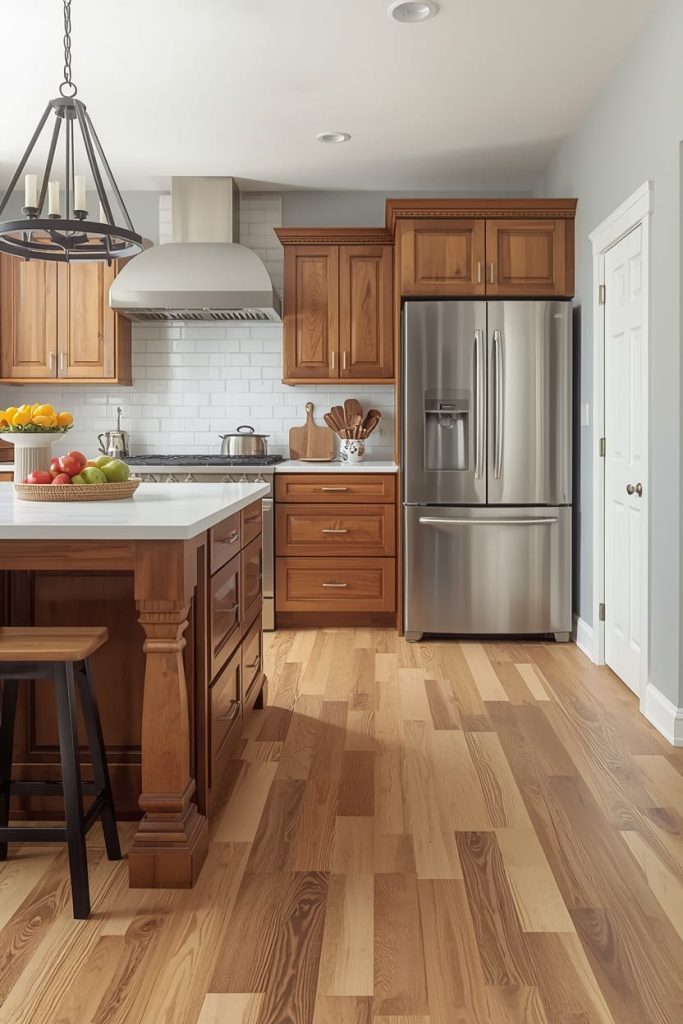 Neutral Tile Flooring with Wood Cabinets for Everyday Durability