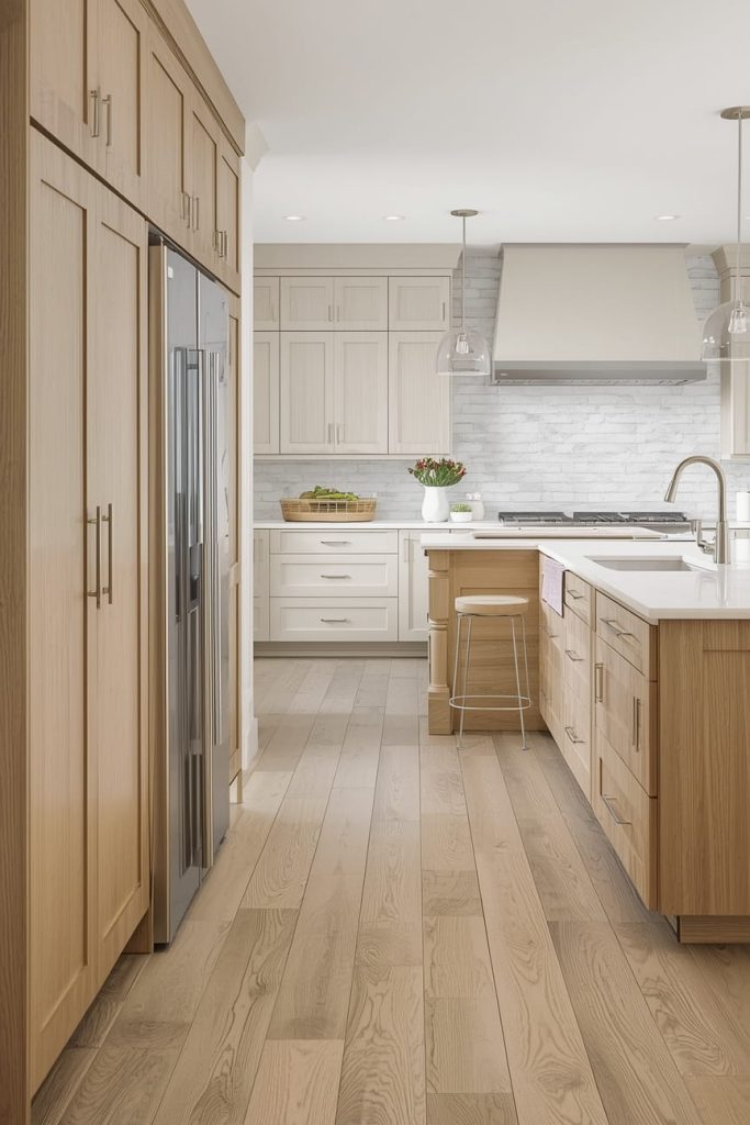 Open-Concept Kitchen Flooring Ideas with Oak Cabinets