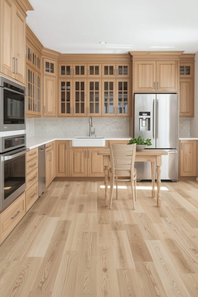 Open-Concept Kitchen Flooring Ideas with Wood Cabinets