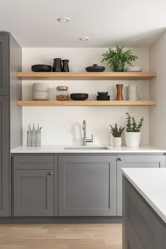 Open Kitchen Cabinets Contemporary Design with Lighting