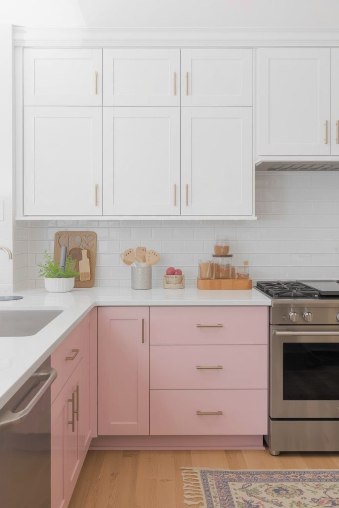 Pink Kitchen Cabinets with White Upper Cabinets