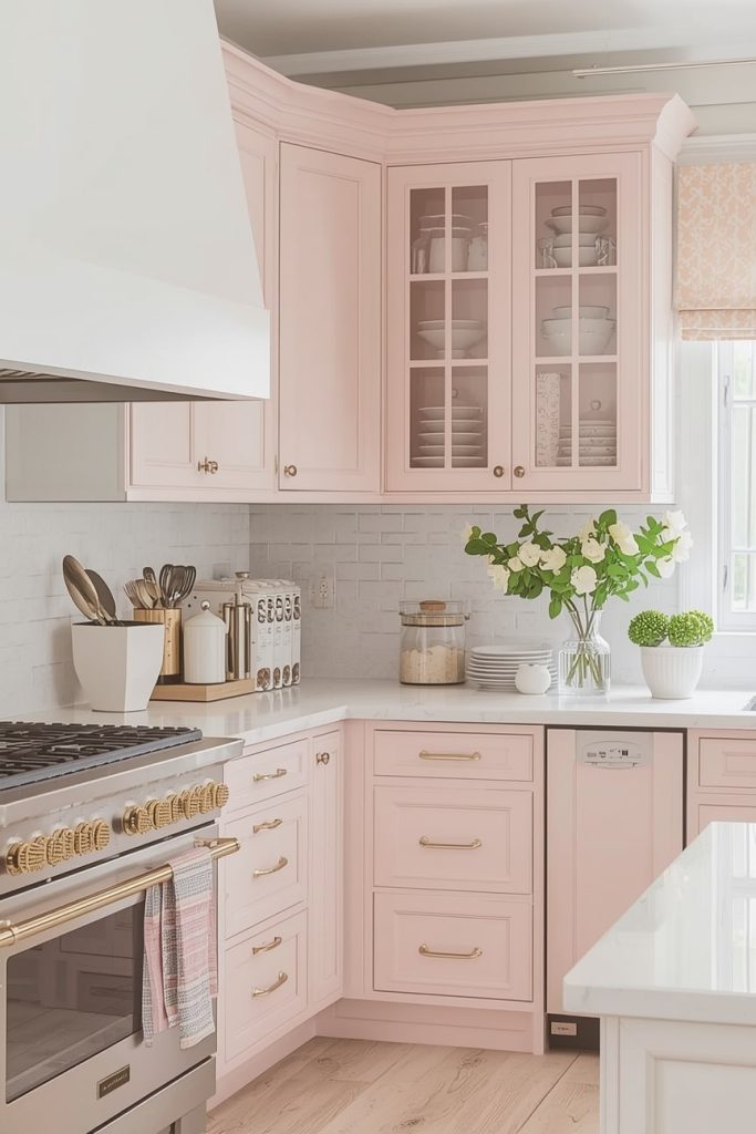 Pink and White Kitchen with Gold or Brass Hardware