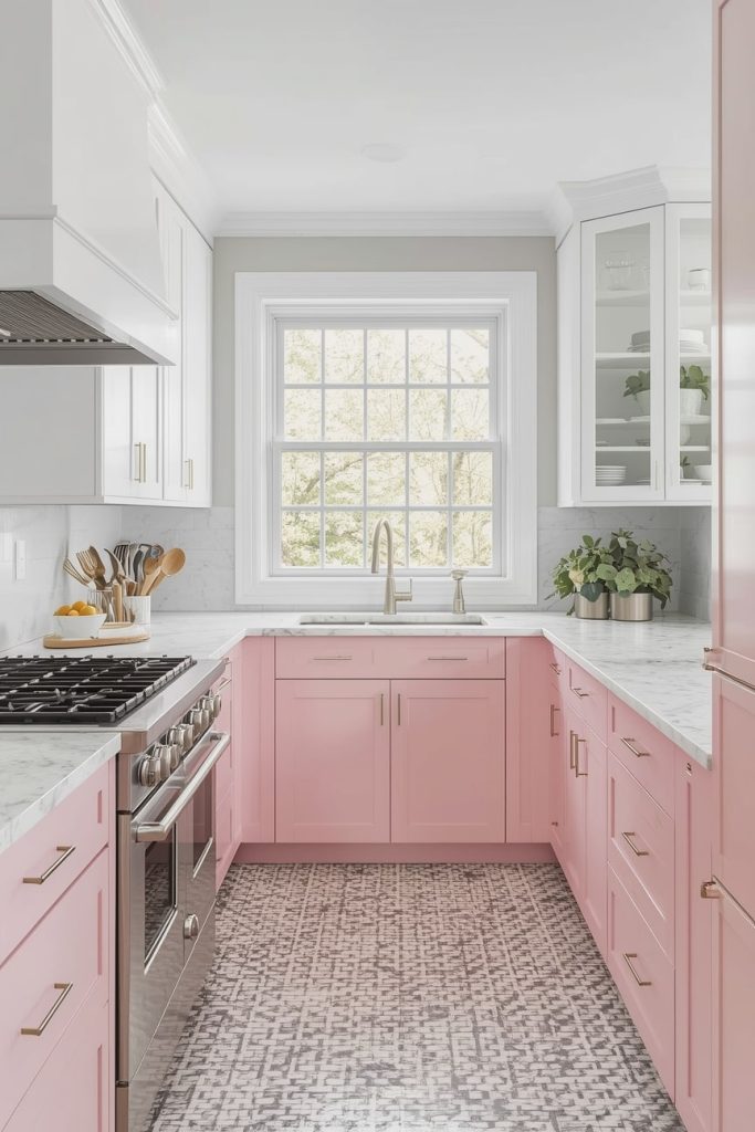 Pink and White Kitchen with Marble Countertops