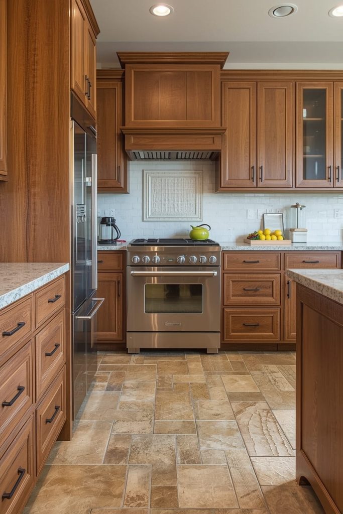 Porcelain Tile Flooring with Wood Cabinets for Long-Term Value