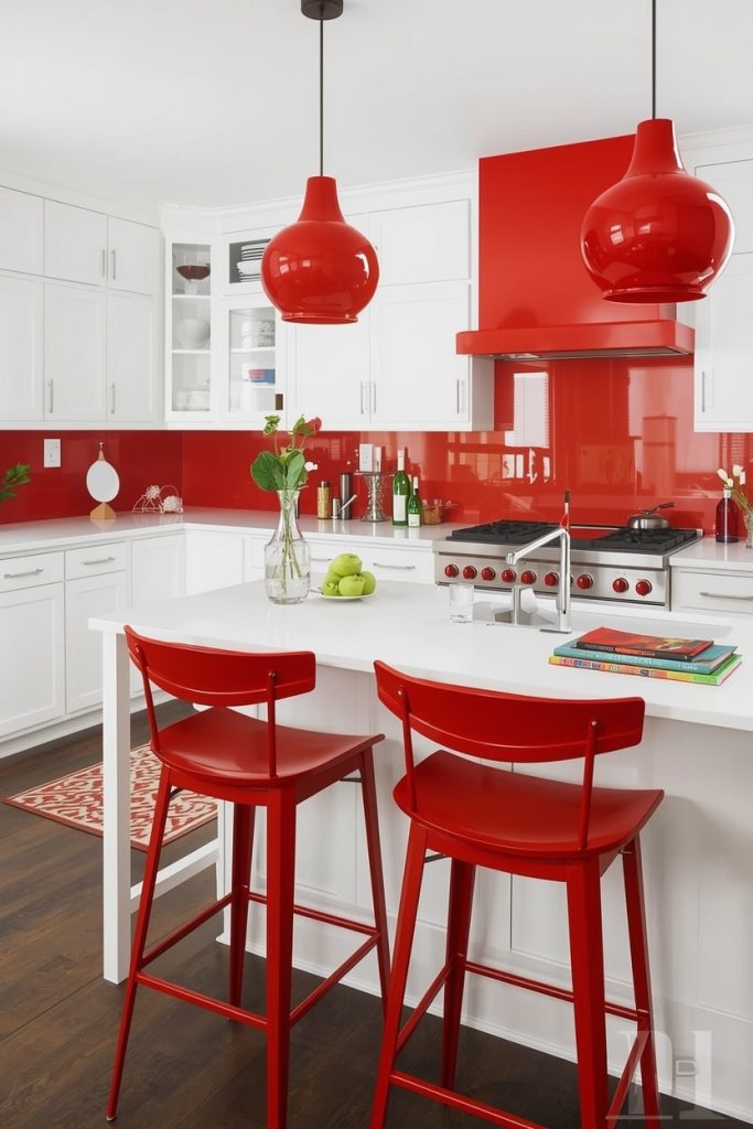 Red and White Kitchen With Subway Tile Backsplash