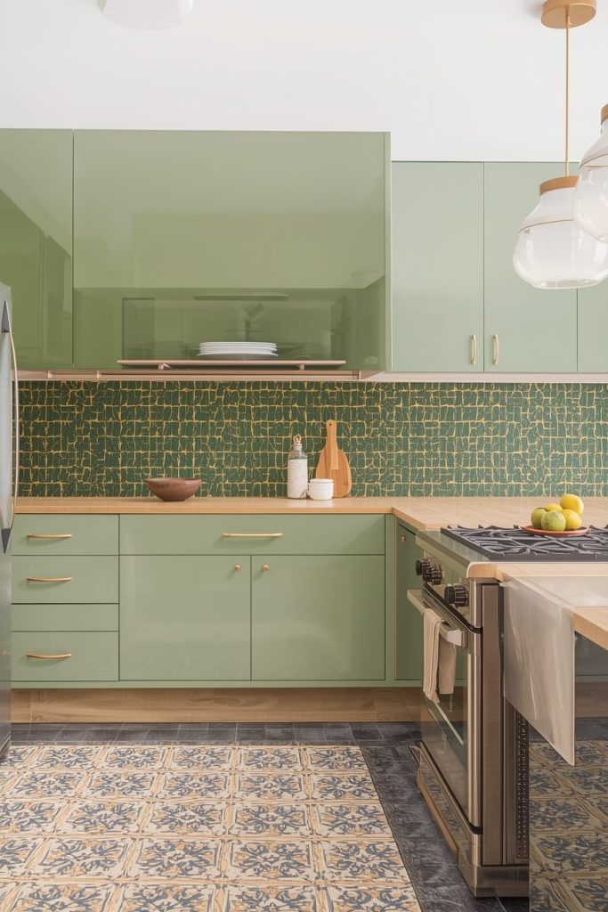 Retro Tile Backsplash in a Green Kitchen
