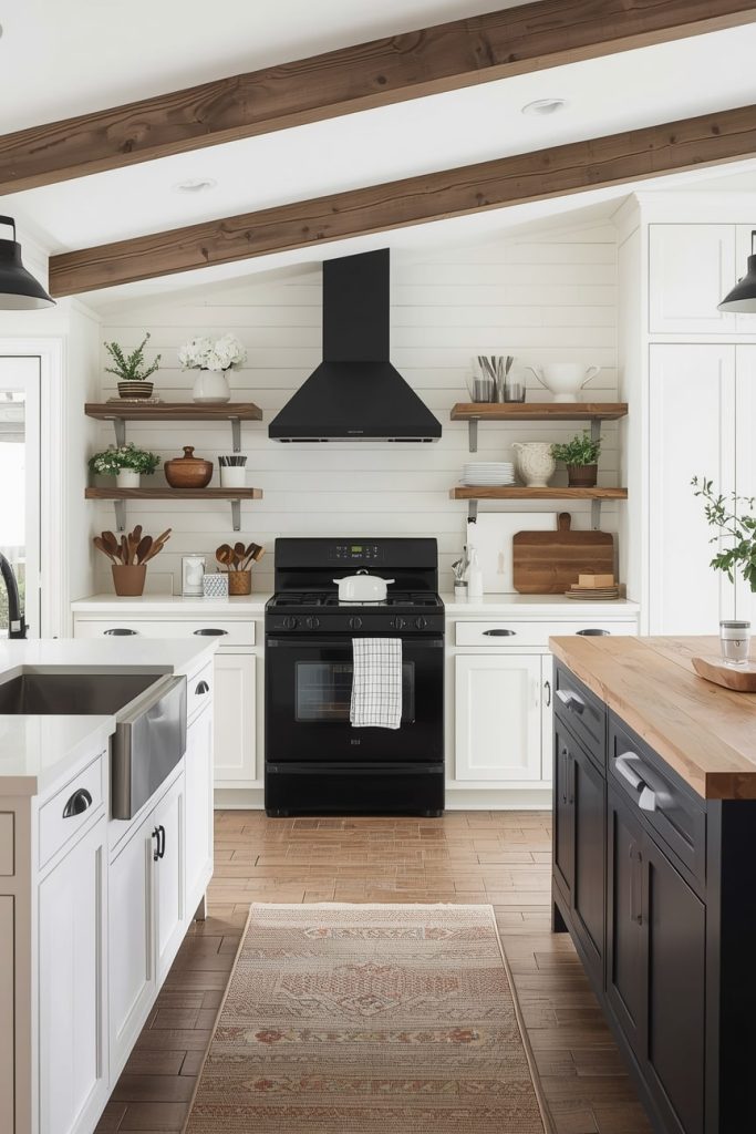 Rustic Black and White Farmhouse Kitchen With Wood Accents