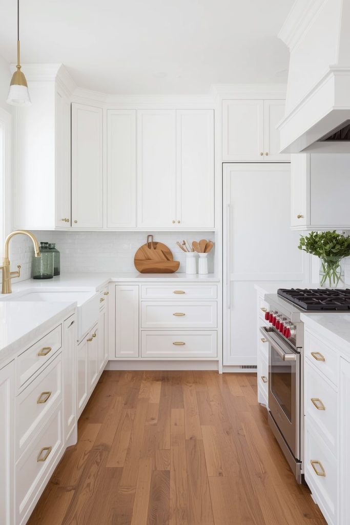 Soft Taupe Kitchen Cabinets with Wood Floors