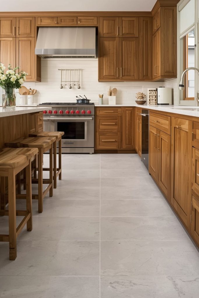 Stone Flooring with Wood Cabinets for Natural Texture