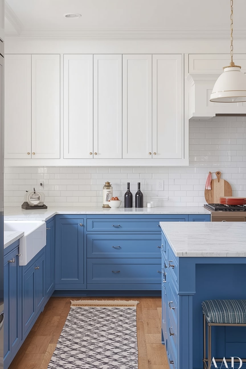 Timeless Blue and White Kitchen With Warm Hardware-min