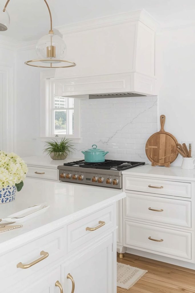 Timeless Coastal White Kitchen with Brass Hardware