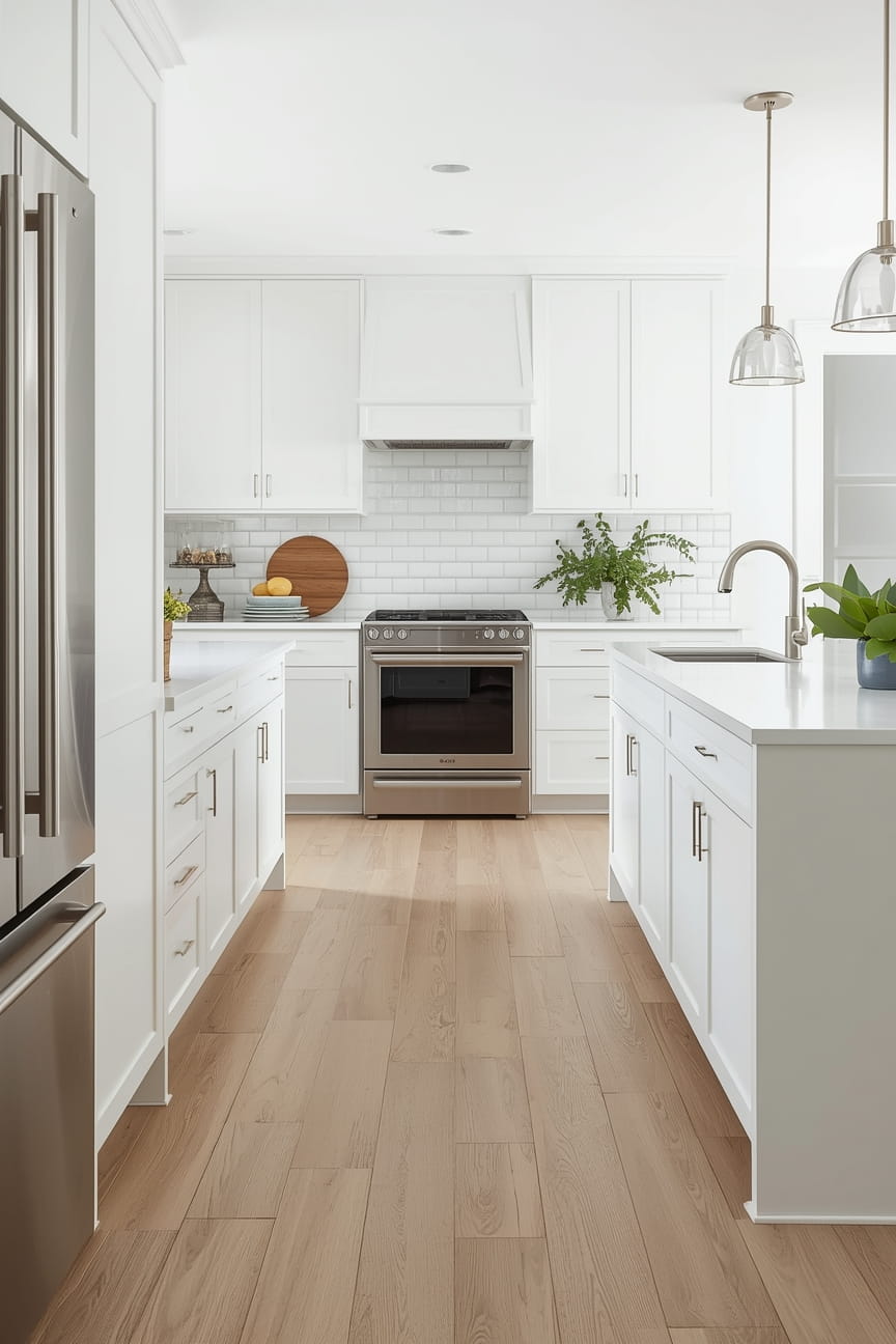 Timeless White Kitchen with Wood Floors and Neutral Design
