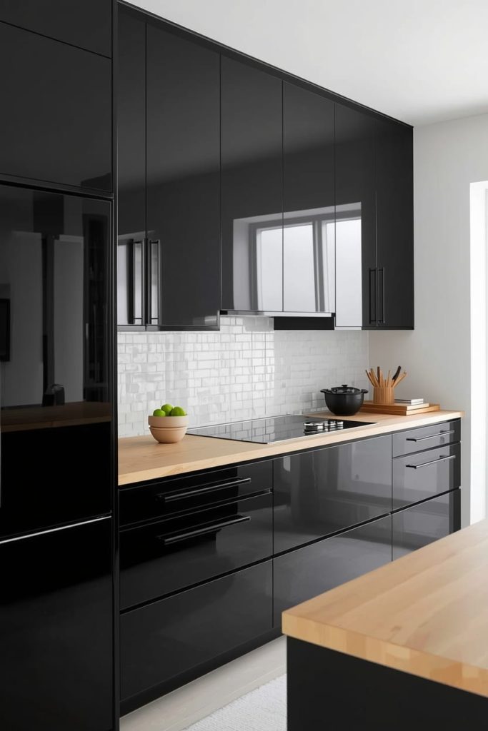 Two-Tone Black and Wood Kitchen Cabinets